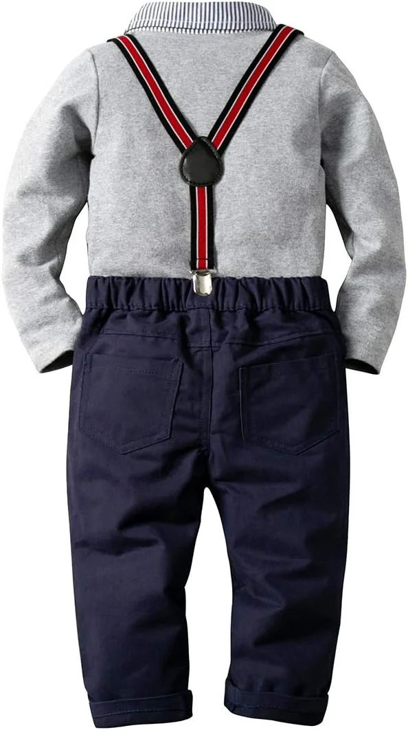 ست لباس جنتلمن پسرانه نوزادی BSFASF، شامل پیراهن آستین بلند + پاپیون + شلوار پیشبندی (خاکستری، 2-3 سال)