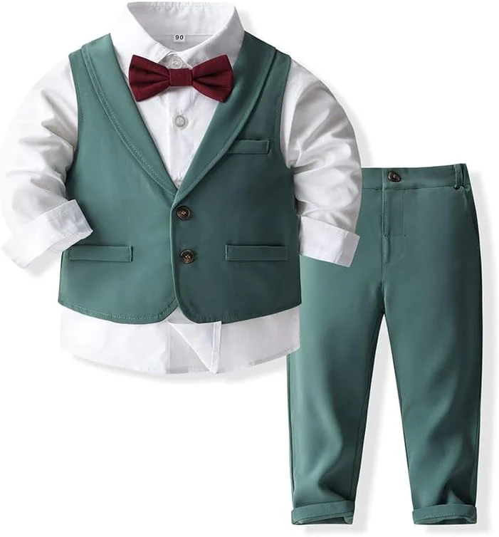 ست لباس جنتلمن 4 تکه پسرانه Abolai شامل پیراهن سفید، پاپیون، جلیقه یقه دار و شلوار ست لباس جنتلمن 4 تکه پسرانه Abolai شامل پیراهن سفید، پاپیون، جلیقه یقه دار و شلوار