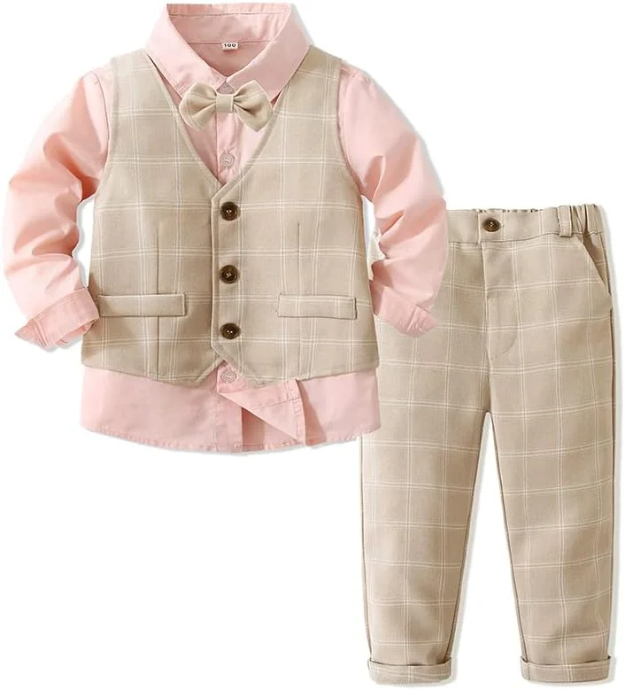 ست 4 تکه لباس جنتلمن شیک پسرانه Abolai شامل پیراهن صورتی، پاپیون، جلیقه چهارخانه و شلوار چهارخانه ست 4 تکه لباس جنتلمن شیک پسرانه Abolai شامل پیراهن صورتی، پاپیون، جلیقه چهارخانه و شلوار چهارخانه