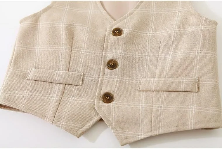 ست 4 تکه شیک کودک پسرانه Abolai شامل پیراهن صورتی، پاپیون، جلیقه چهارخانه و شلوار چهارخانه ست 4 تکه شیک کودک پسرانه Abolai شامل پیراهن صورتی، پاپیون، جلیقه چهارخانه و شلوار چهارخانه