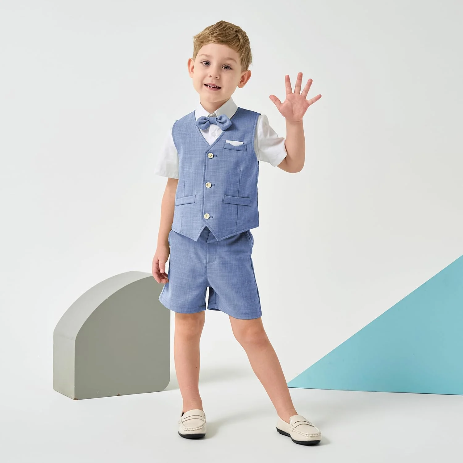 ست لباس تابستانی پسرانه - ست 4 تکه شامل پیراهن آستین کوتاه، جلیقه، پاپیون و شلوارک مناسب مراسم عروسی، جشن فارغ التحصیلی (آبی، 100 سانتی متر) ست لباس تابستانی پسرانه - ست 4 تکه شامل پیراهن آستین کوتاه، جلیقه، پاپیون و شلوارک مناسب مراسم عروسی، جشن فارغ التحصیلی (آبی، 100 سانتی متر)