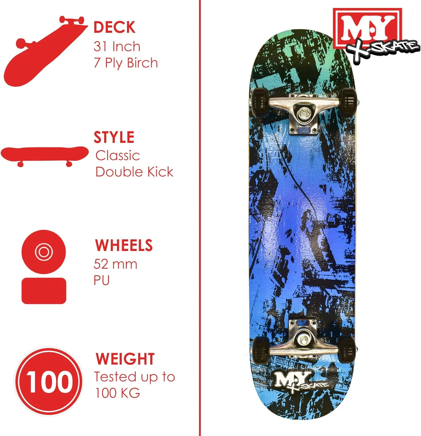 اسکیت برد کامل M.Y X-Skate، اسکیت برد دو طرفه 31 اینچی برای مبتدیان، نوجوانان و بزرگسالان، تخته افرا 7 لایه، بلبرینگ ABEC 7 برای ترفندها و پارک های اسکیت