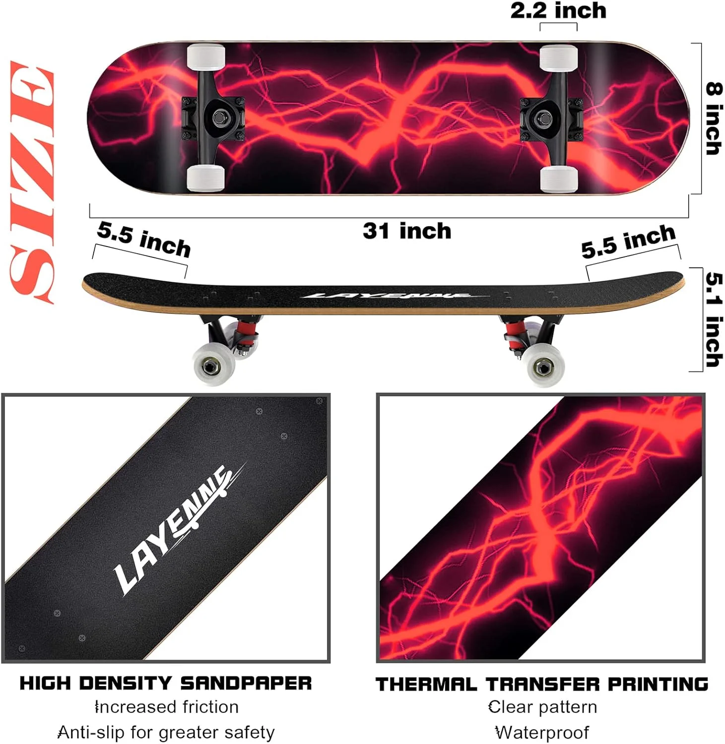 اسکیت بورد LAYENNE، اسکیت بورد حرفه ای کامل 31 x 8 اینچ، اسکیت بورد 7 لایه چوب افرا، پایه ABEC-11، مناسب برای بزرگسالان، مبتدیان، پسران، دختران، نوجوانان و کودکان اسکیت بورد LAYENNE، اسکیت بورد حرفه ای کامل 31 x 8 اینچ، اسکیت بورد 7 لایه چوب افرا، پایه ABEC-11، مناسب برای بزرگسالان، مبتدیان، پسران، دختران، نوجوانان و کودکان