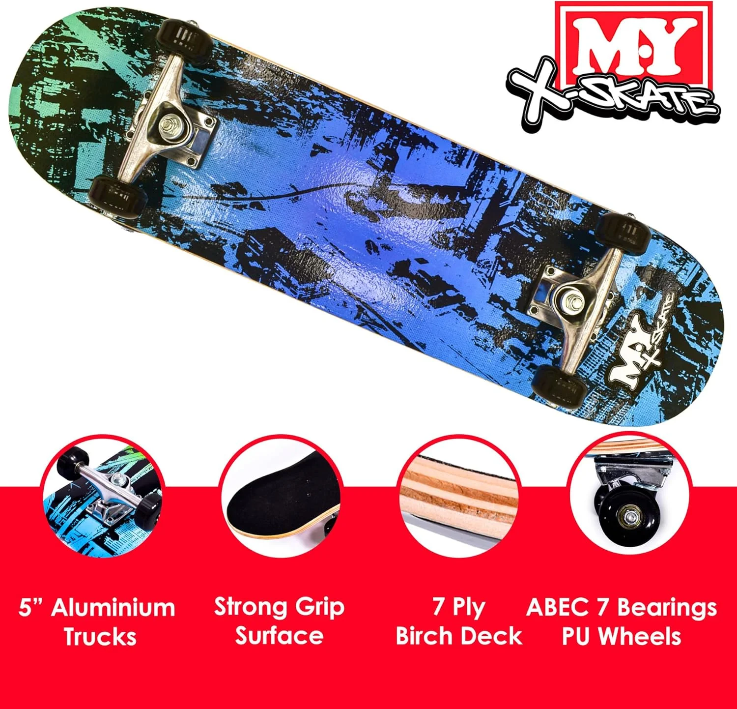 اسکیت برد کامل M.Y X-Skate، اسکیت برد دو طرفه 31 اینچی برای مبتدیان، نوجوانان و بزرگسالان، تخته افرا 7 لایه، بلبرینگ ABEC 7 برای ترفندها و پارک های اسکیت