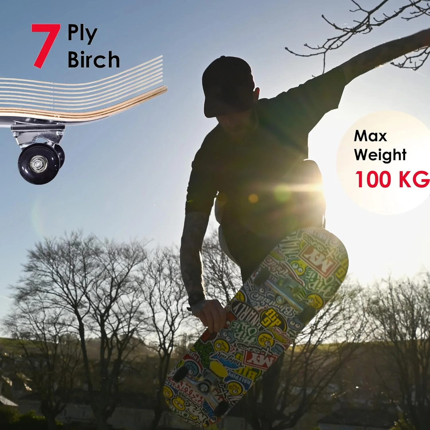 اسکیت برد کامل M.Y X-Skate، اسکیت برد دو طرفه 31 اینچی برای مبتدیان، نوجوانان و بزرگسالان، تخته افرا 7 لایه، بلبرینگ ABEC 7 برای ترفندها و پارک های اسکیت