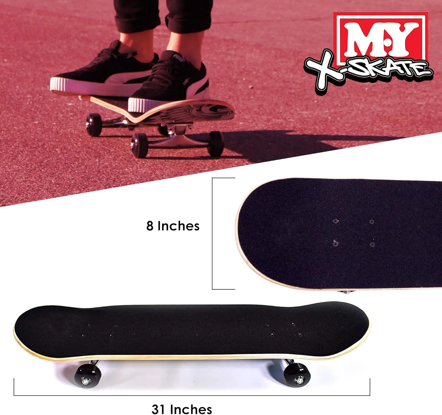 اسکیت برد کامل M.Y X-Skate، اسکیت برد دو طرفه 31 اینچی برای مبتدیان، نوجوانان و بزرگسالان، تخته افرا 7 لایه، بلبرینگ ABEC 7 برای ترفندها و پارک های اسکیت