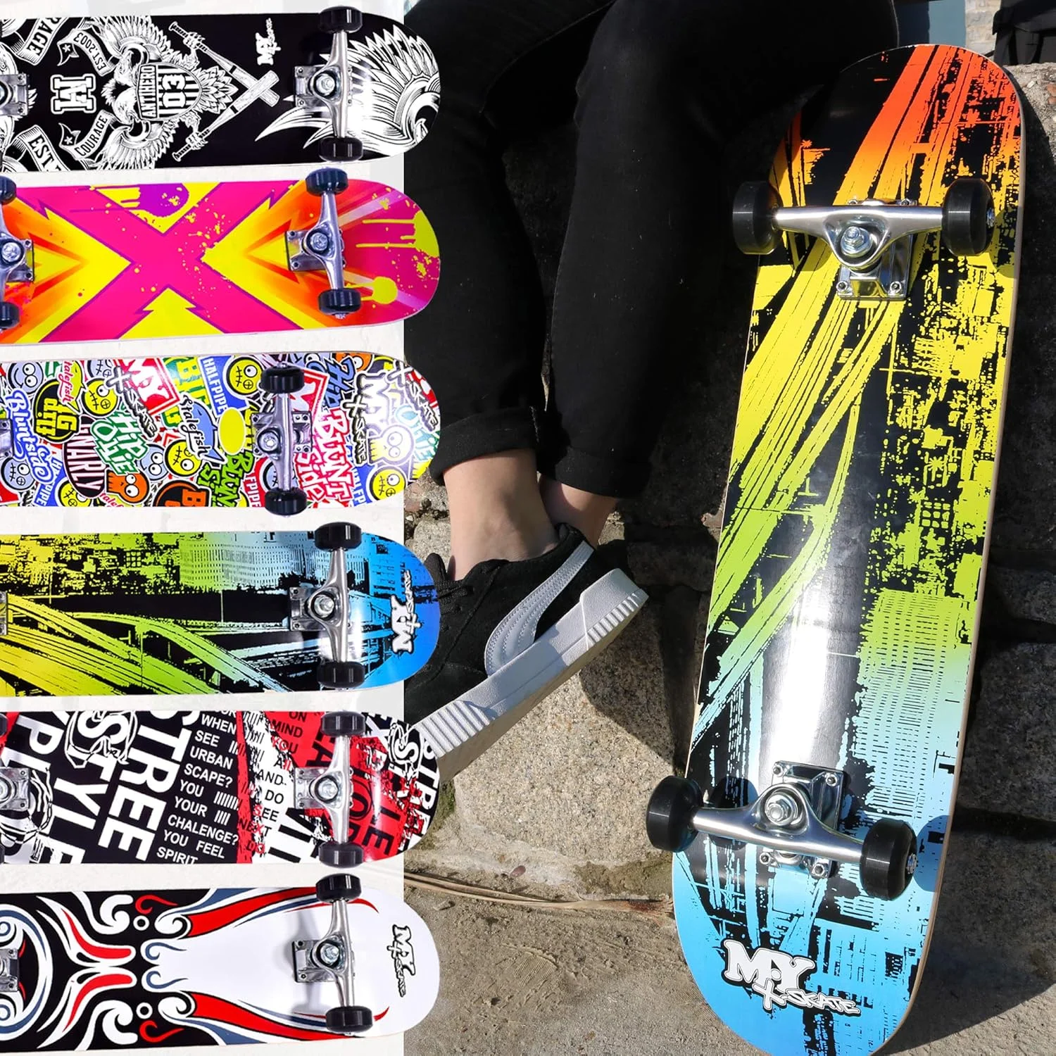 اسکیت برد کامل M.Y X-Skate، اسکیت برد دو طرفه 31 اینچی برای مبتدیان، نوجوانان و بزرگسالان، تخته افرا 7 لایه، بلبرینگ ABEC 7 برای ترفندها و پارک های اسکیت