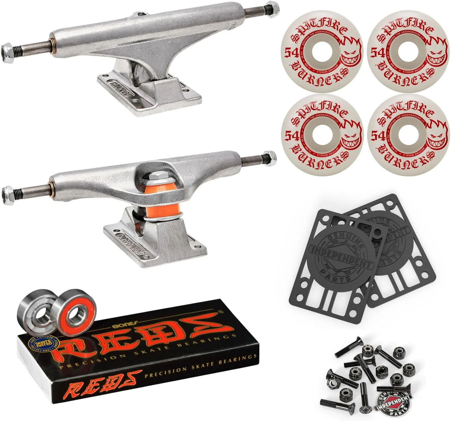 کیت کامل تراک اسکیت برد ایندیپندنت به همراه چرخ های اسپیت فایر Burners 99A، بلبرینگ Bones Reds، سخت افزار نصب 1 اینچی ایندیپندنت و رایزر 1/8 اینچی ایندیپندنت