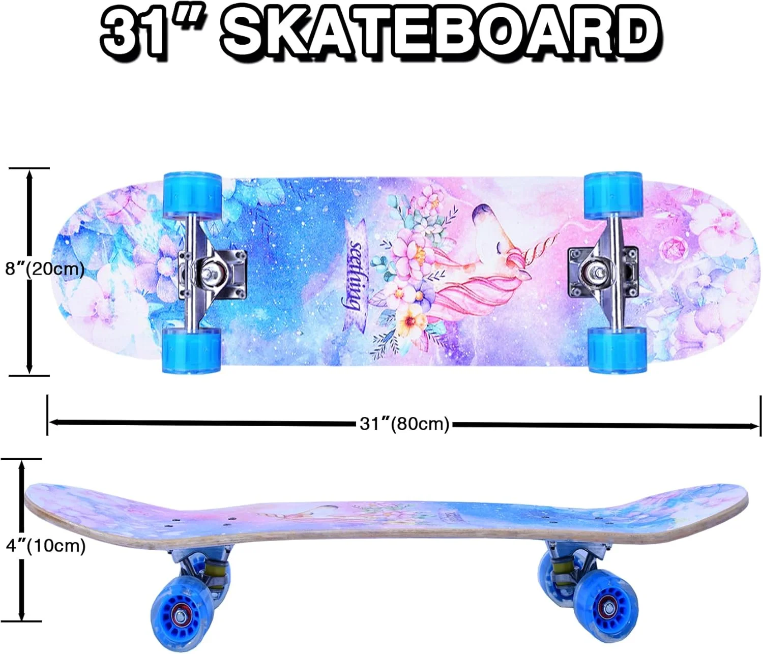 اسکیت برد برای مبتدیان، کودکان، پسران، دختران و بزرگسالان، 31''x8''، 7 لایه چوب افرا، دابل کیک مقعر، جذاب و خنک، محکم و بادوام