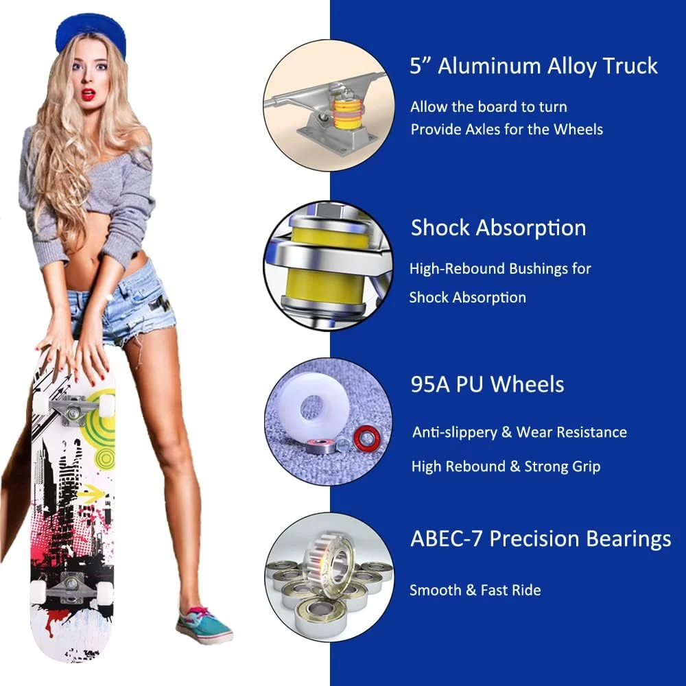 اسکیت بردهای CAPARK برای مبتدیان، بزرگسالان، جوانان، نوجوانان، کودکان، دختران و پسران، اسکیت بوردهای کامل حرفه ای 31 اینچی، 7 لایه افرا کانادایی، دو ضربه ای، مقعر، لانگ برد اسکیت بردهای CAPARK برای مبتدیان، بزرگسالان، جوانان، نوجوانان، کودکان، دختران و پسران، اسکیت بوردهای کامل حرفه ای 31 اینچی، 7 لایه افرا کانادایی، دو ضربه ای، مقعر، لانگ برد