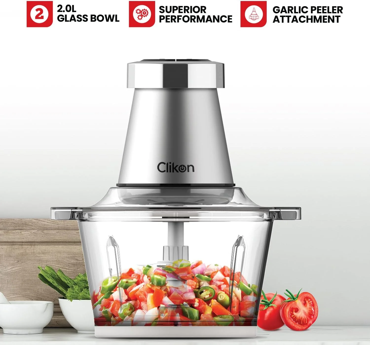 خردکن برقی 2 لیتری کلیكون / پردازنده گوشت با ضمیمه پوست کن سیر، تنظیمات 2 سرعته، تیغه های چهارگانه استیل ضد زنگ جداشدنی، 350 وات، نقره ای