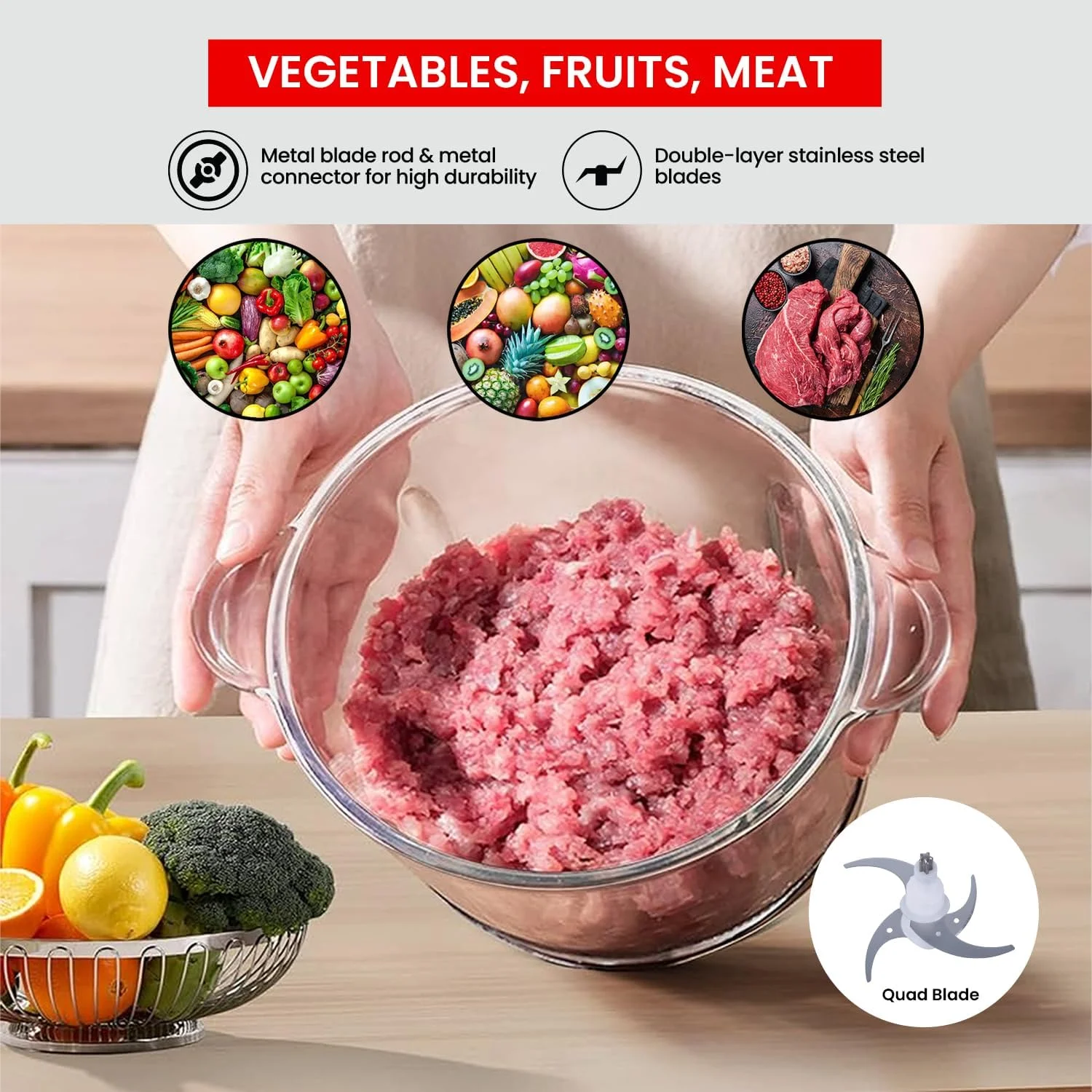 خردکن برقی 2 لیتری کلیكون / پردازنده گوشت با ضمیمه پوست کن سیر، تنظیمات 2 سرعته، تیغه های چهارگانه استیل ضد زنگ جداشدنی، 350 وات، نقره ای