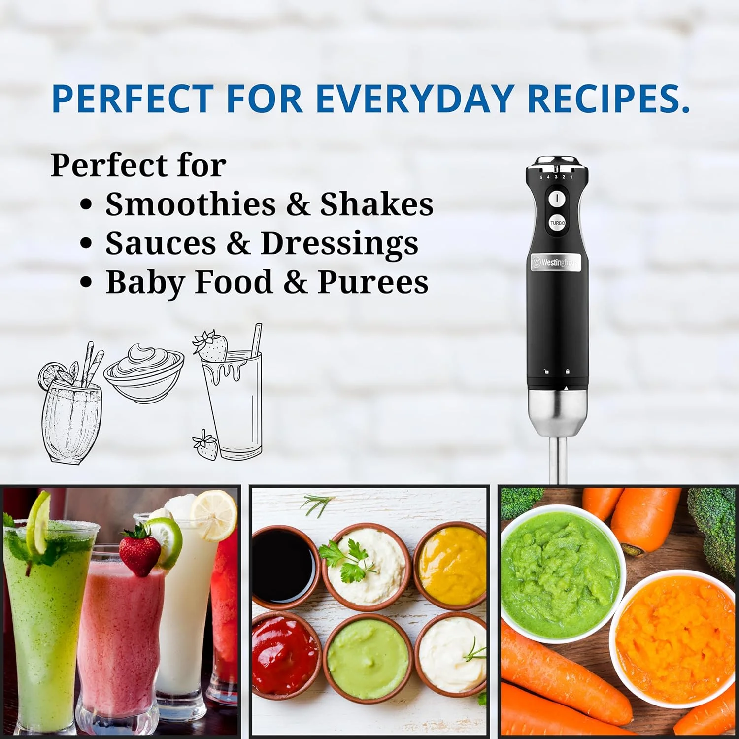 مخلوط کن دستی رترو وستینگهاوس - مخلوط کن میله ای 600 واتی برای آشپزخانه - مخلوط کن برقی سوپ استیل ضد زنگ - همزن غذا با سرعت های مختلف و تنظیمات توربو، دسته نرم و راحت - مشکی