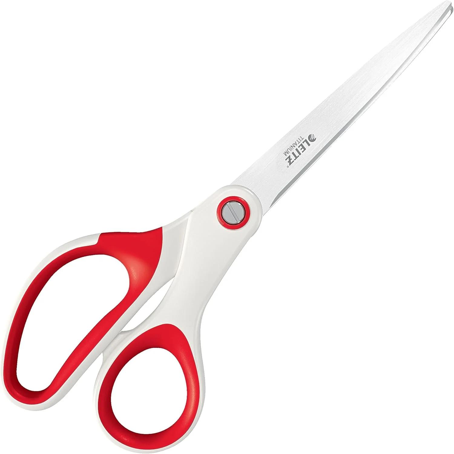 قیچی تیتانیومی Leitz WOW، مناسب برای دست راست یا چپ (دو طرفه)، قیچی قرمز برای دفتر یا منزل، دسته ارگونومیک، 20.5 سانتی متر، 53192026