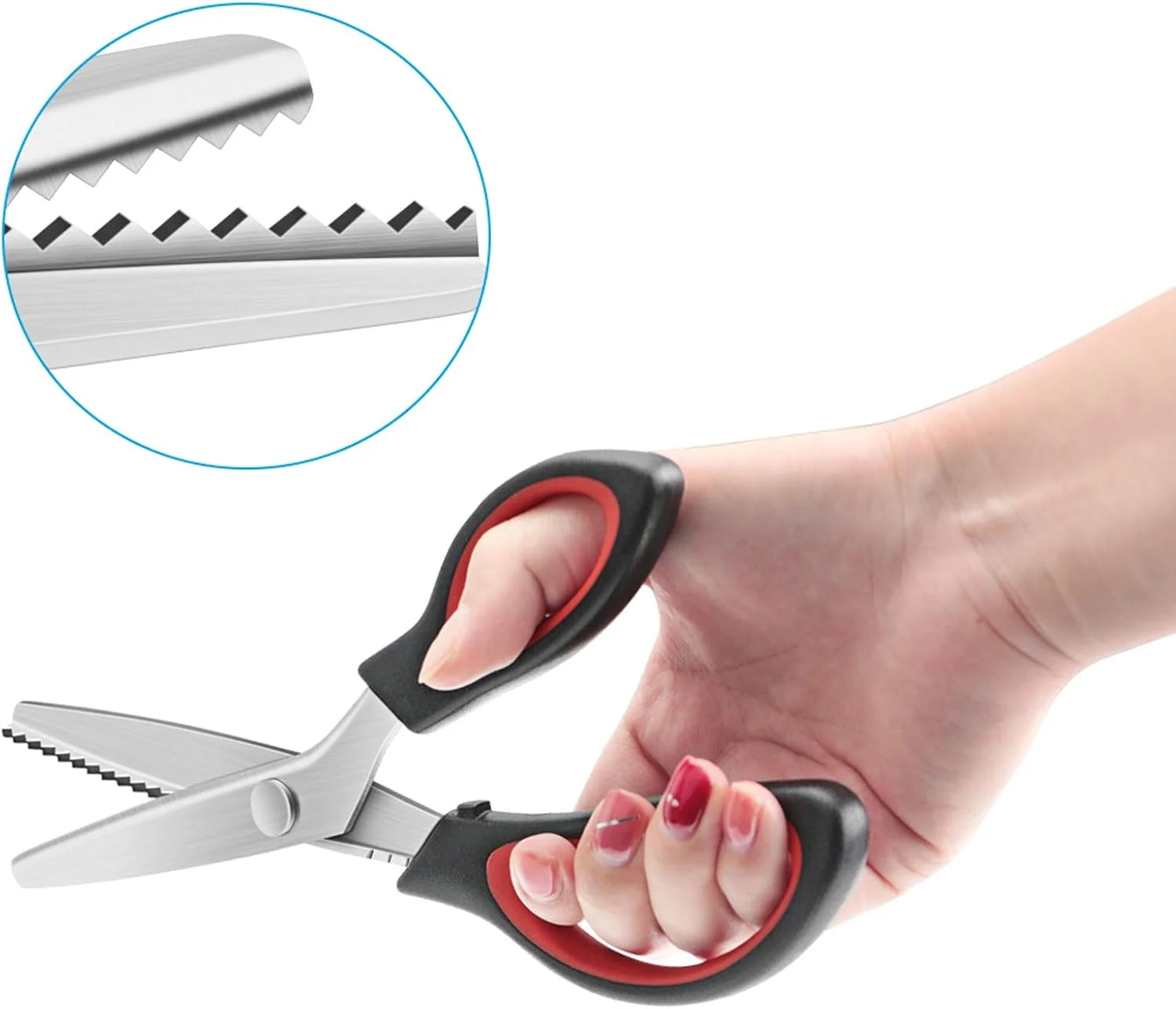 قیچی زیگزاگ کوونیی، دسته ارگونومیک، مناسب خیاطی حرفه ای، برش زیگزاگی، 9 اینچ، مشکی قرمز