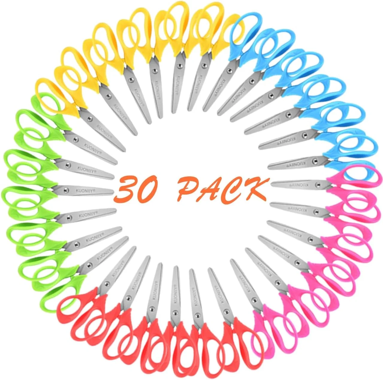 قیچی های 5 اینچی کودکانه KUONIIY، دسته های نرم و راحت، رنگ های متنوع، بسته 30 عددی