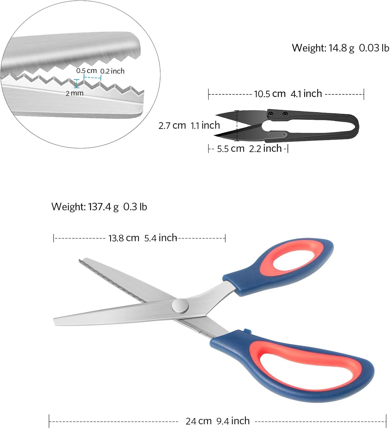 قیچی زیگزاگ KUONIIY، ست قیچی زیگزاگی، قیچی دندانه دار حرفه ای برای برش پارچه، مناسب برای خیاط، شامل قیچی زیگزاگ 9.4 اینچی، نخ چین 4.1 اینچی، آبی تیره قرمز قیچی زیگزاگ KUONIIY، ست قیچی زیگزاگی، قیچی دندانه دار حرفه ای برای برش پارچه، مناسب برای خیاط، شامل قیچی زیگزاگ 9.4 اینچی، نخ چین 4.1 اینچی، آبی تیره قرمز