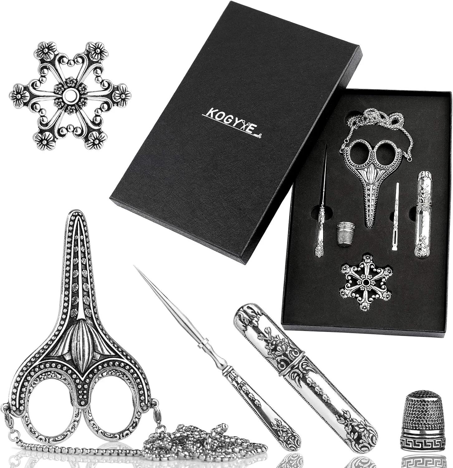 ست قیچی گلدوزی 6 تکه Kogyxe، ست ابزار خیاطی نقره ای نفیس رترو، سبک اروپایی، فولاد ضد زنگ، شامل قیچی، انگشتانه، جعبه سوزن، پانچ، ماسوره فلزی نخ