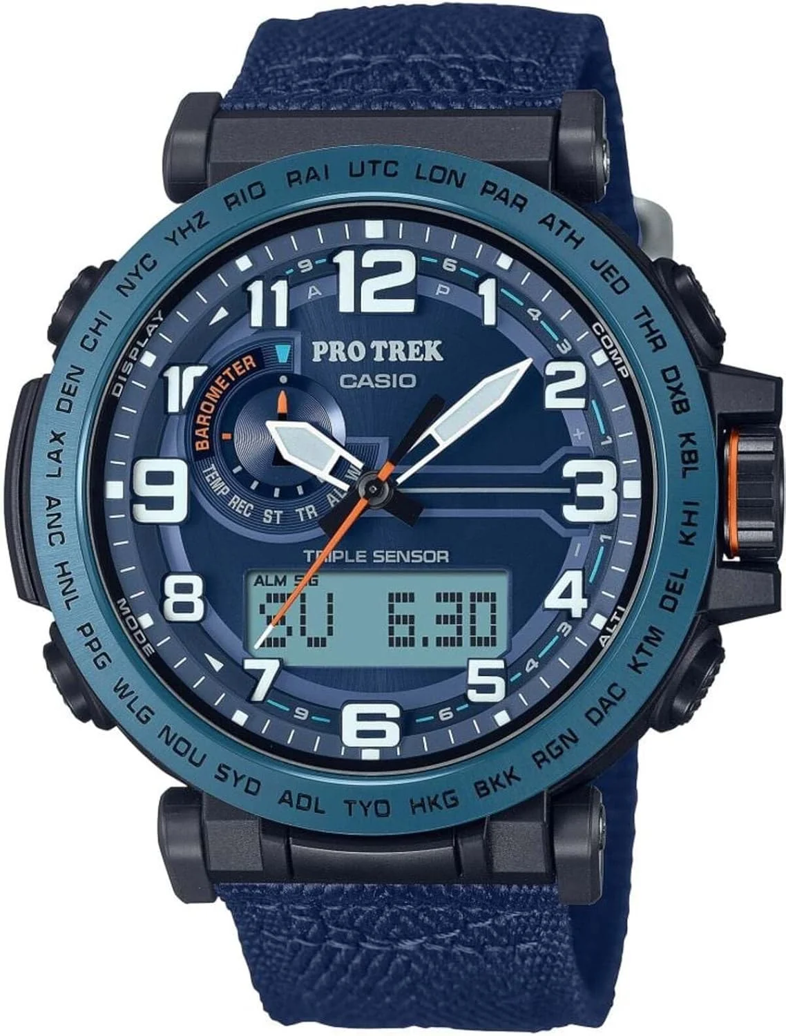 ساعت مچی مردانه کاسیو PRO TREK سنسور سه گانه دیجیتال آنالوگ خورشیدی صفحه آبی بند پارچه ای PRG-601YB-2DR