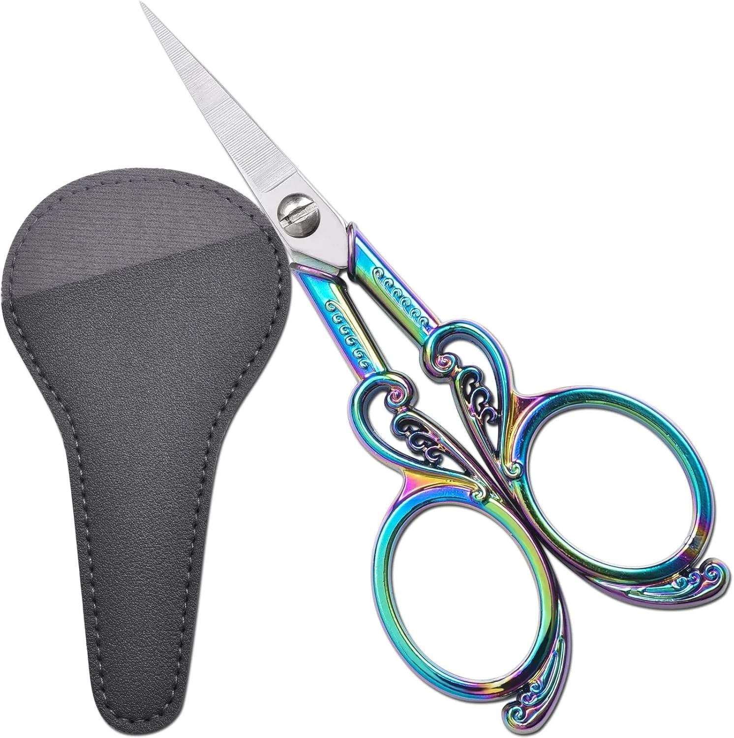 قیچی گلدوزی HITOPTY، قیچی صنایع دستی دقیق و تیز 4.5 اینچی با غلاف، قیچی های کوچک رنگین کمانی قدیمی برای خیاطی، هنر، سوزن دوزی، کوک متقاطع، برش جزئیات پارچه نخ DIY