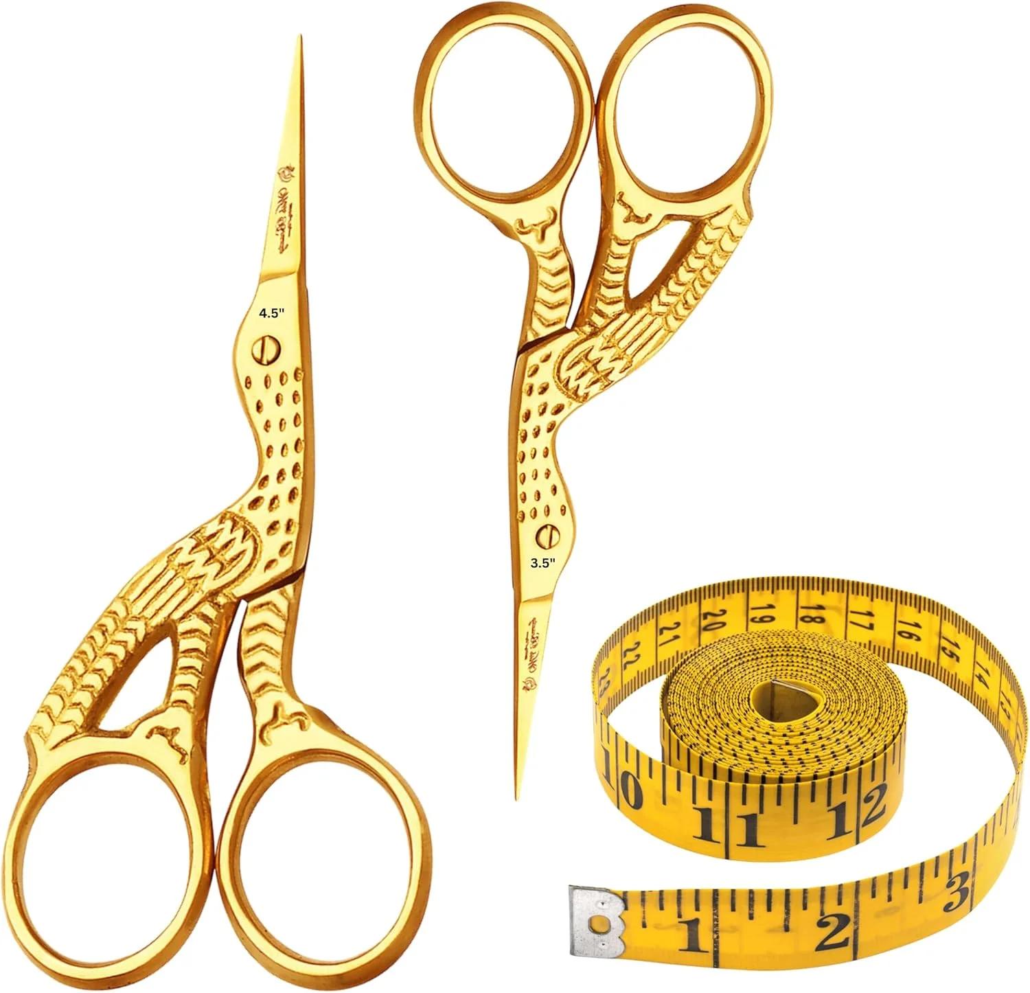 قیچی گلدوزی Glamified Glam، ست 3 عددی، قیچی خیاطی طرح درنا کوچک، استیل ضد زنگ، مناسب برای گلدوزی، سوزن دوزی، خیاطی، صنایع دستی DIY (طلایی، 3.5 اینچ + 4.5 اینچ) + متر اندازه گیری رایگان