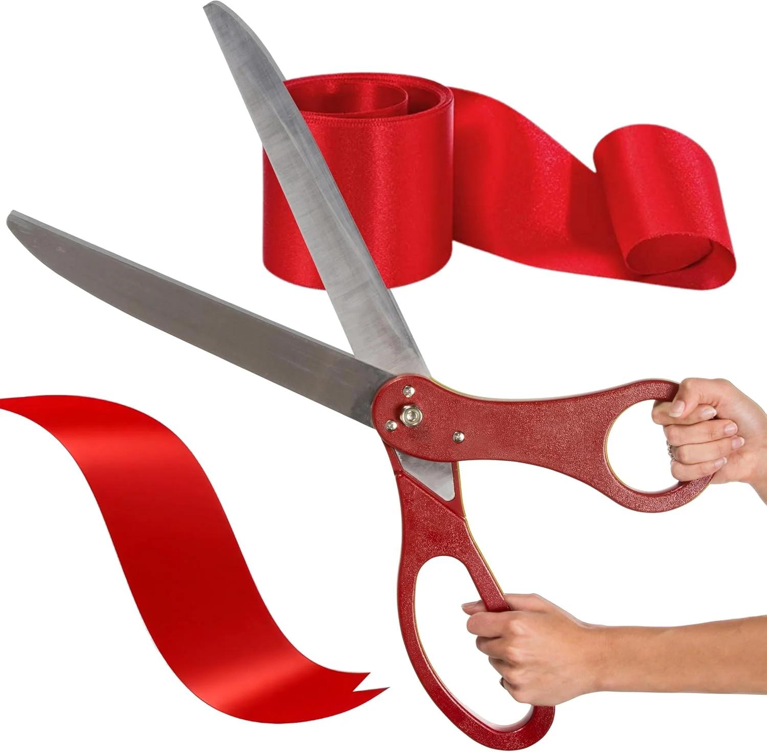 قیچی روبان قرمز غول پیکر 25 اینچی با روبان ساتن قرمز - کیت مراسم افتتاحیه بزرگ برای رویدادهای تجاری و افتتاحیه ها