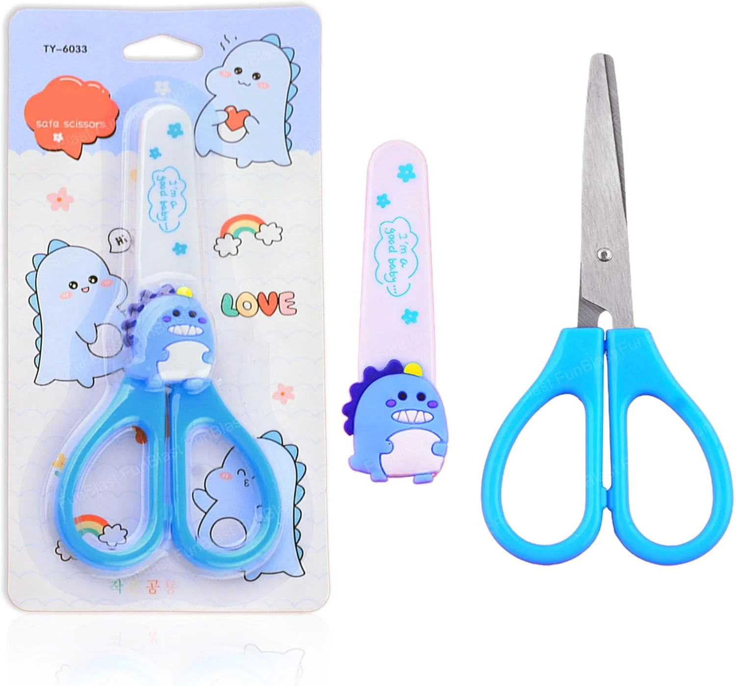 قیچی کاردستی استیل طرح دایناسور فان بلاست - قیچی کاوائی بامزه با روکش ایمنی، قیچی برش کاغذ برای کارهای هنری و کاردستی، قیچی کاردستی، ایده آل برای اسکرپ بوک، برش کاغذ، DIY (آبی)