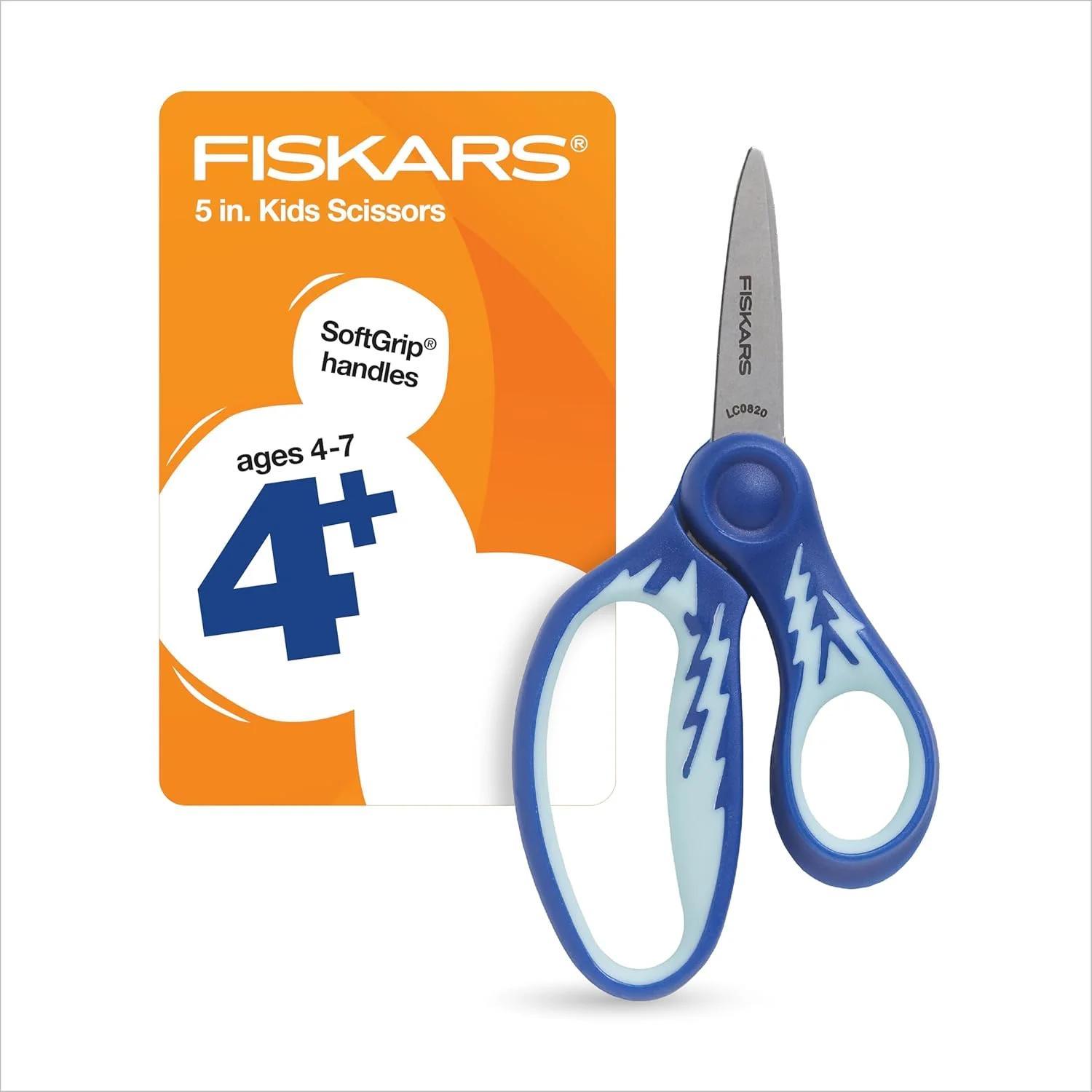 قیچی نوک تیز Fiskars SoftGrip 5 اینچی برای کودکان 4 تا 7 سال، قیچی برای مدرسه یا کاردستی، لوازم التحریر بازگشت به مدرسه، آبی رعد و برق