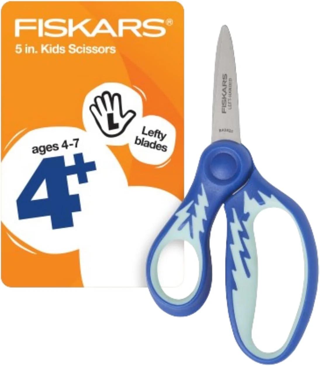 قیچی نوک تیز 5 اینچی Fiskars Softgrip چپ‌دست برای کودکان 4+ - قیچی چپ‌دست برای مدرسه یا کاردستی - لوازم بازگشت به مدرسه - آبی رعدآسا
