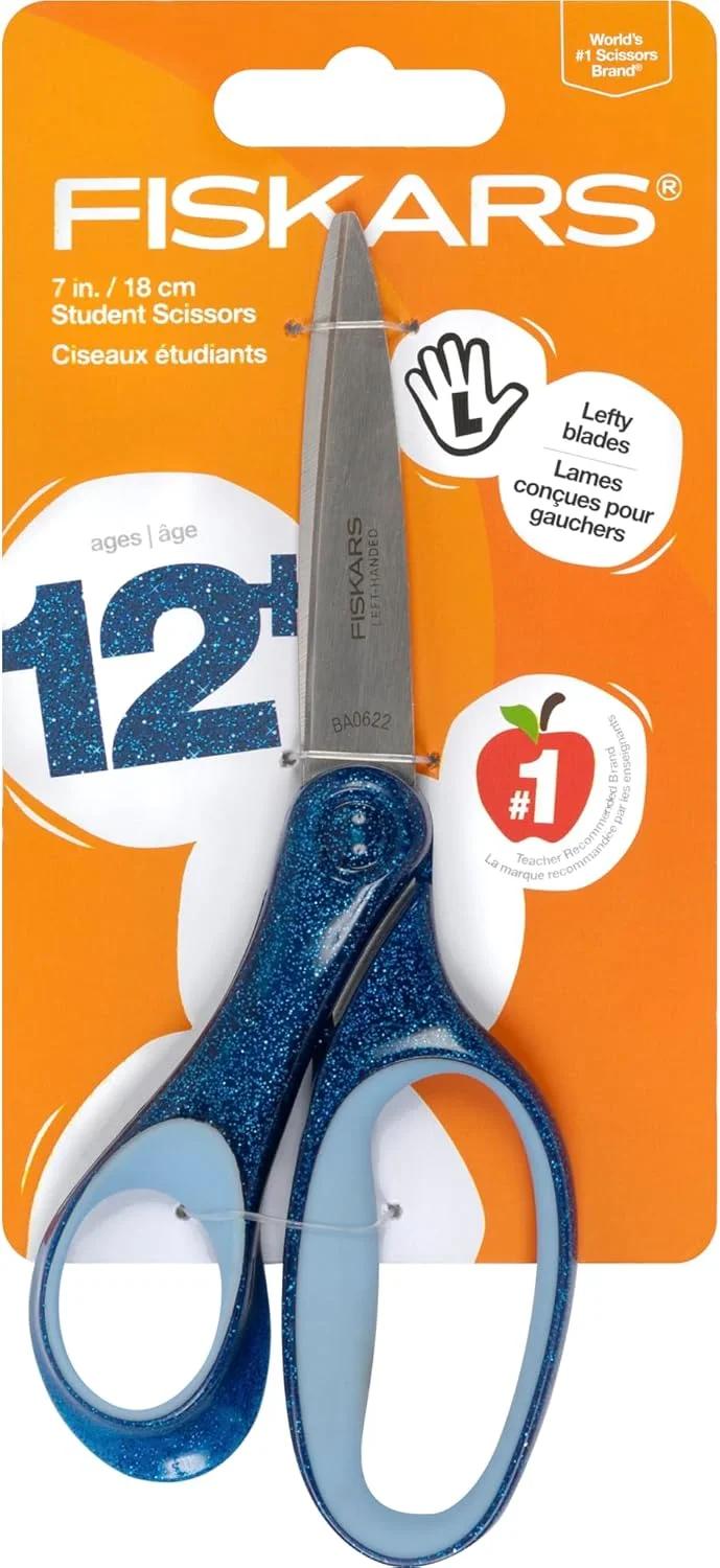 قیچی دانش‌آموزی چپ‌دست Fiskars 7 اینچی SoftGrip با اکلیل برای کودکان 12+ - قیچی چپ‌دست برای مدرسه یا کاردستی - لوازم مدرسه - آبی