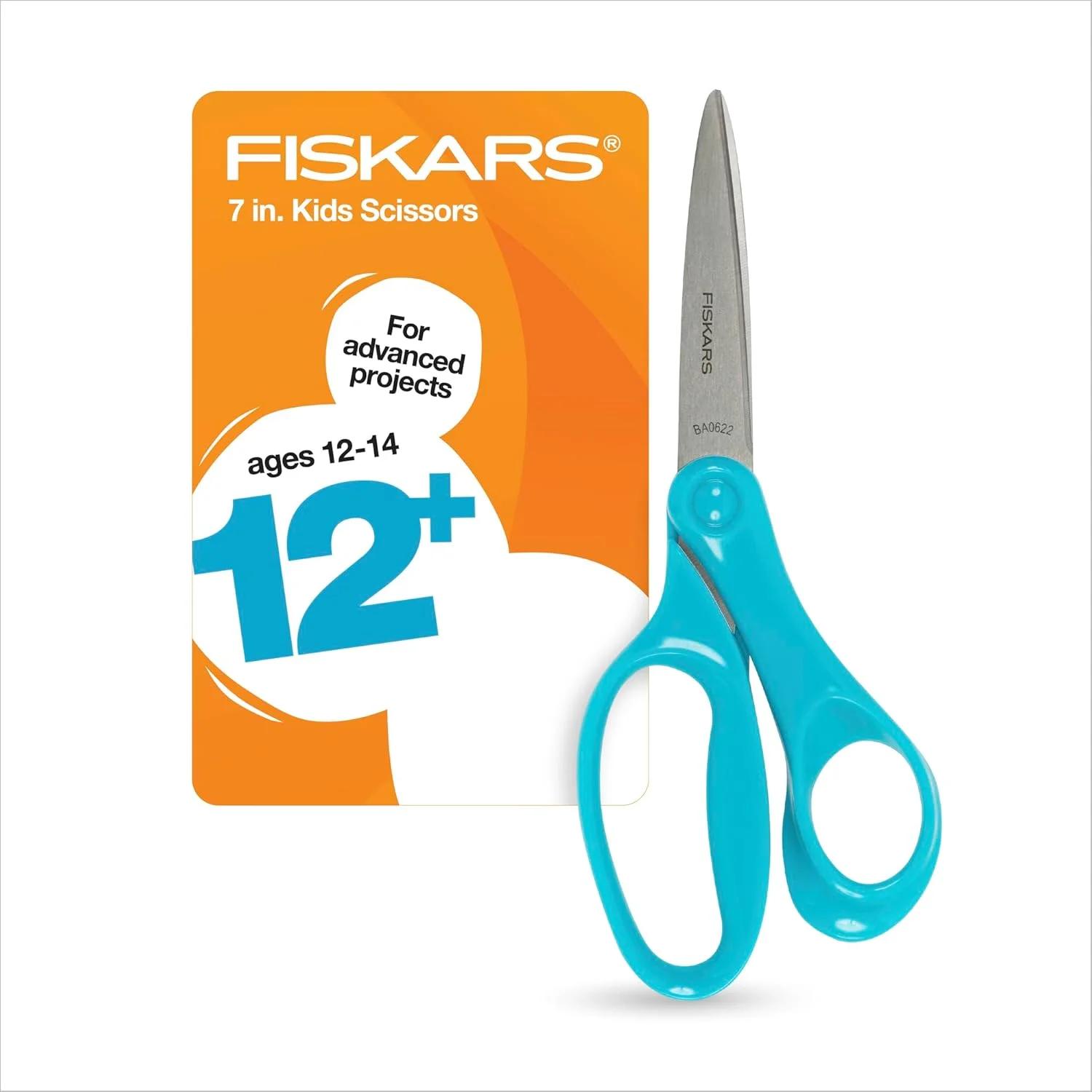 قیچی دانش‌آموزی Fiskars 7 اینچی برای کودکان 12-14 سال، قیچی مدرسه یا کاردستی، لوازم بازگشت به مدرسه، فیروزه‌ای