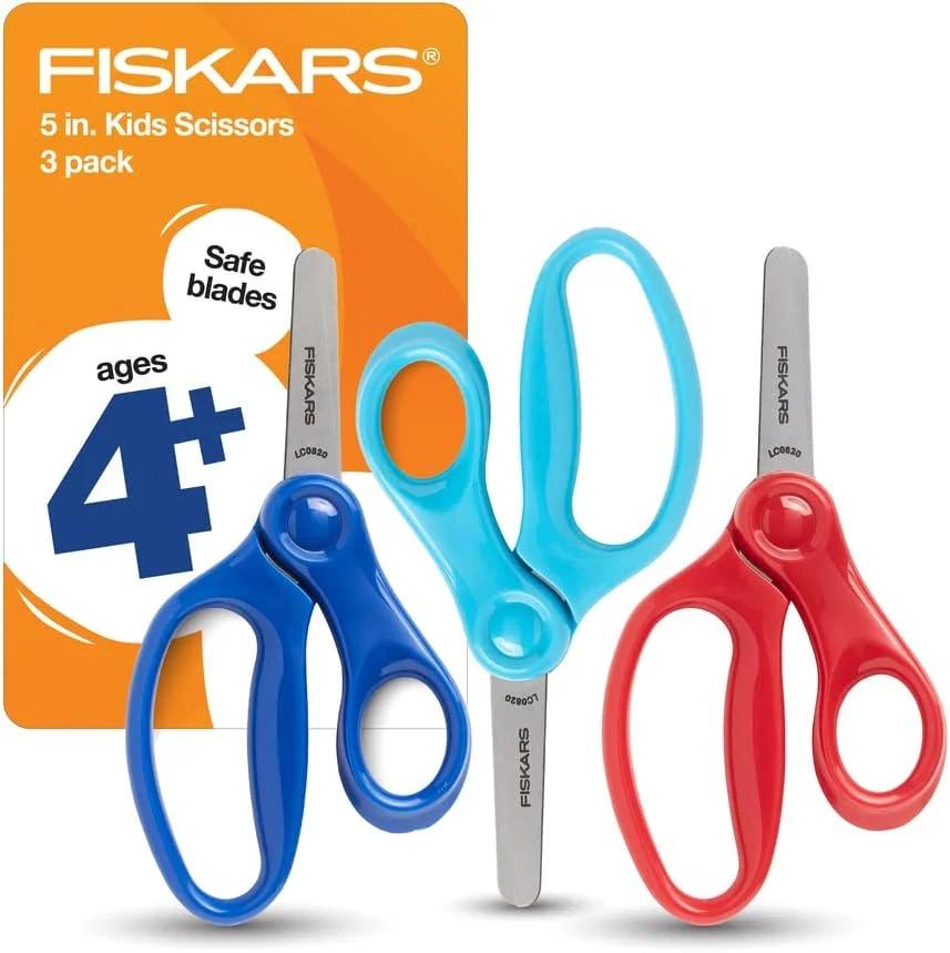Fiskars 5" Blunt-Tip Scissors for Kids 4-7 (3-Pack) - Scissors for School or Crafting - Back to School Supplies - Red, Blue, Turquoise