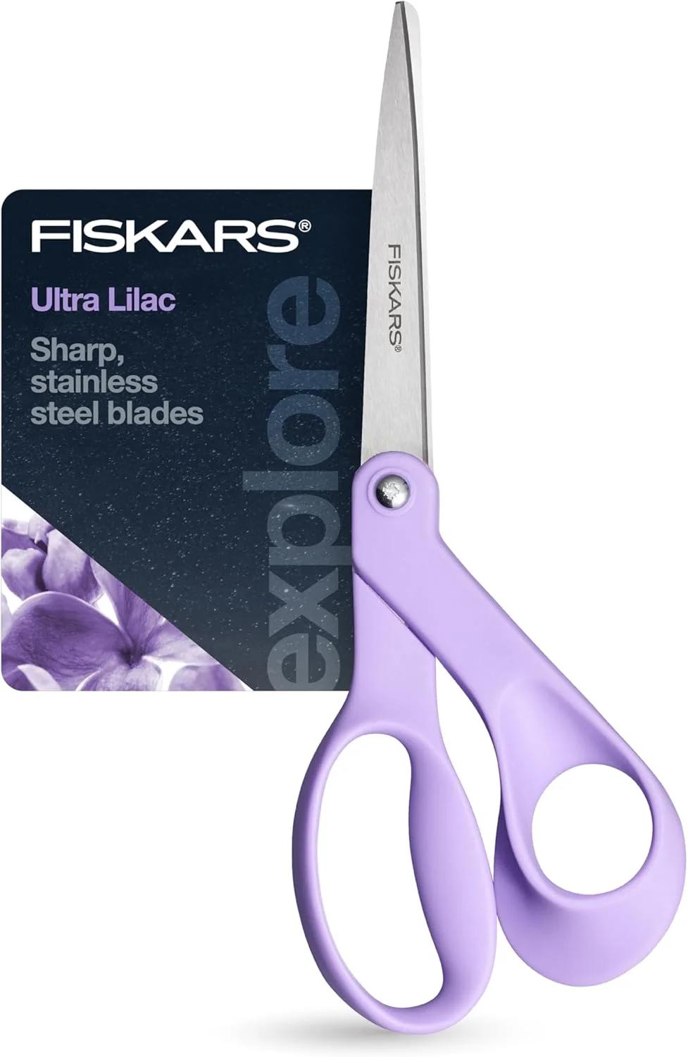 قیچی بنفش یاسی Fiskars Ultra، مجموعه طراحی Explore، تیغه های فولادی ضد زنگ درجه یک و دسته های ارگونومیک برای هنر و صنایع دستی