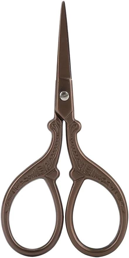 قیچی گلدوزی، قیچی خیاطی استیل ضد زنگ با طراحی کلاسیک، ابزار برش صنایع دستی DIY برای مصارف خانگی، ساخت لباس، صنایع دستی DIY، خیاطی (برش قهوه ای طلایی کوچک)