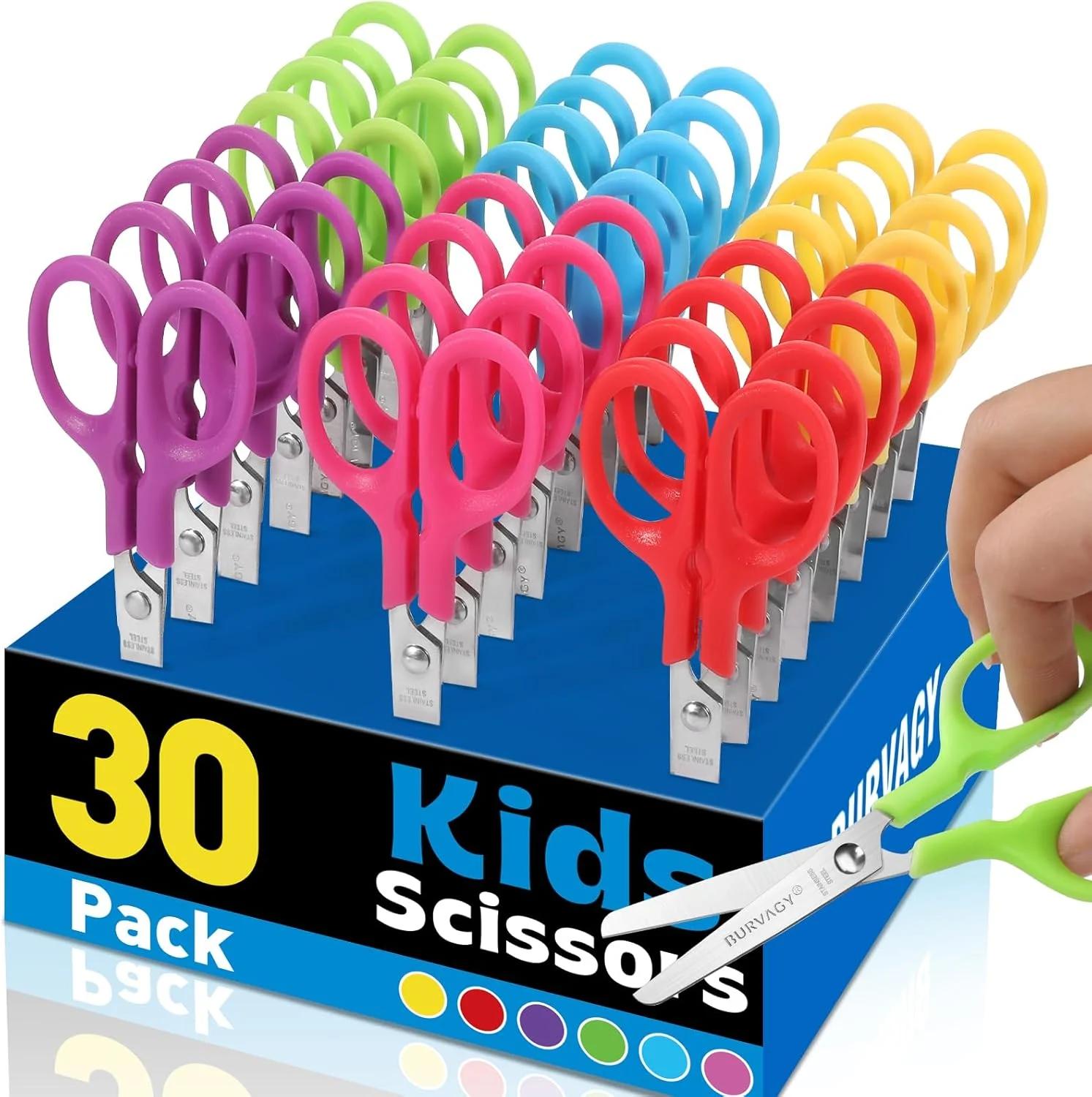 BURVAGY 30Pack 5" Small School Student Blunt Kids Craft Scissors, Sharp Stainless Steel Blades Safety Toddler Kid Child Comfort Grip Scissors Bulk for Children Cutting Paper