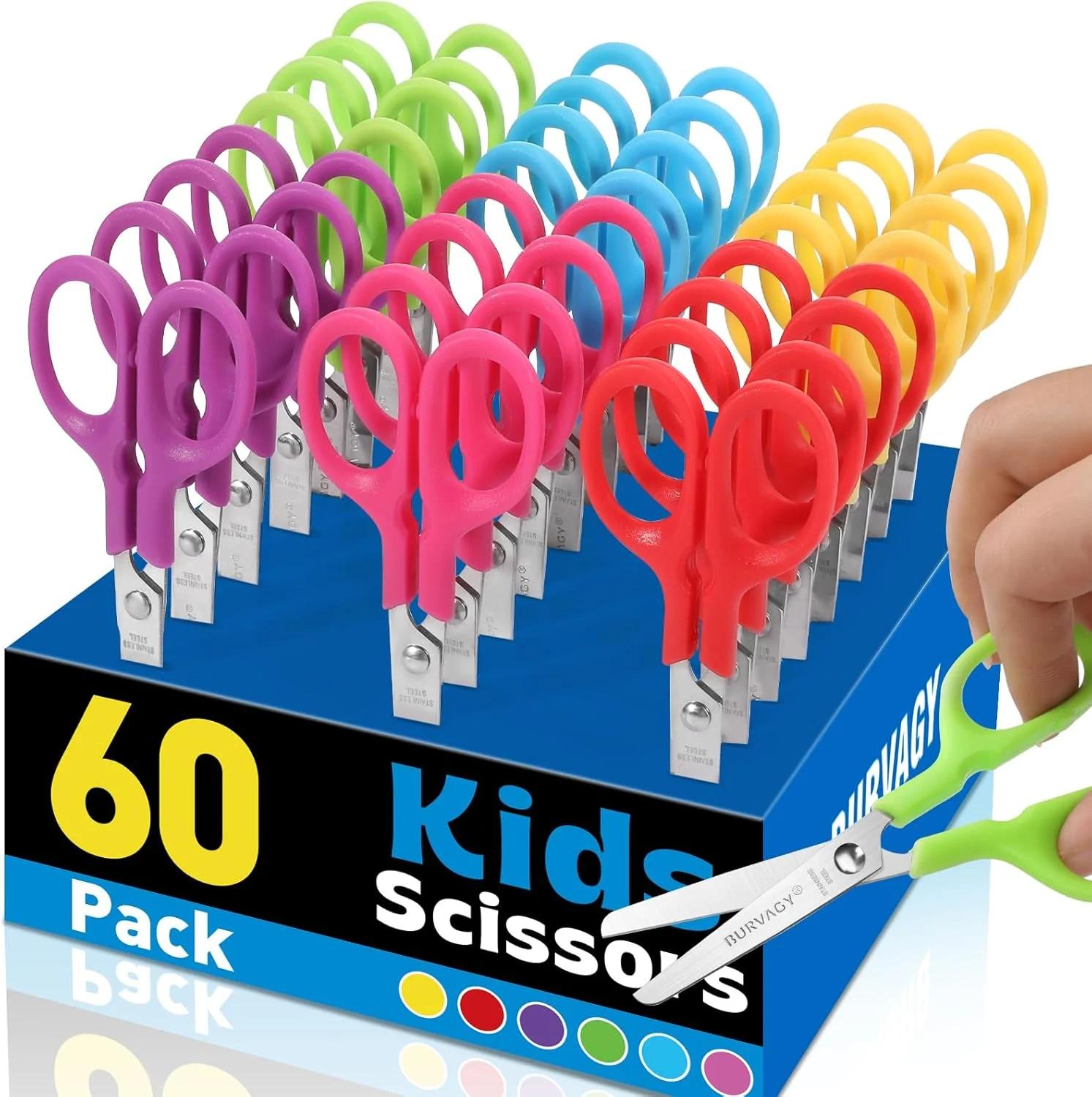 BURVAGY 60Pack 5" Small School Student Blunt Craft Kids Scissors, Sharp Stainless Steel Blades Safety Comfort Grip Scissors for Kids Children Cutting Paper, 5Inch