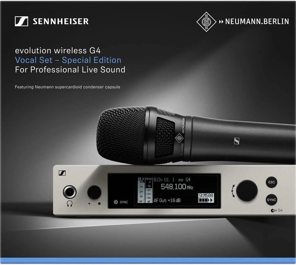 ست میکروفون بی سیم دستی Sennheiser Ew 500 با کپسول Neumann KK205 GW1 (558-608Mhz)، مشکی