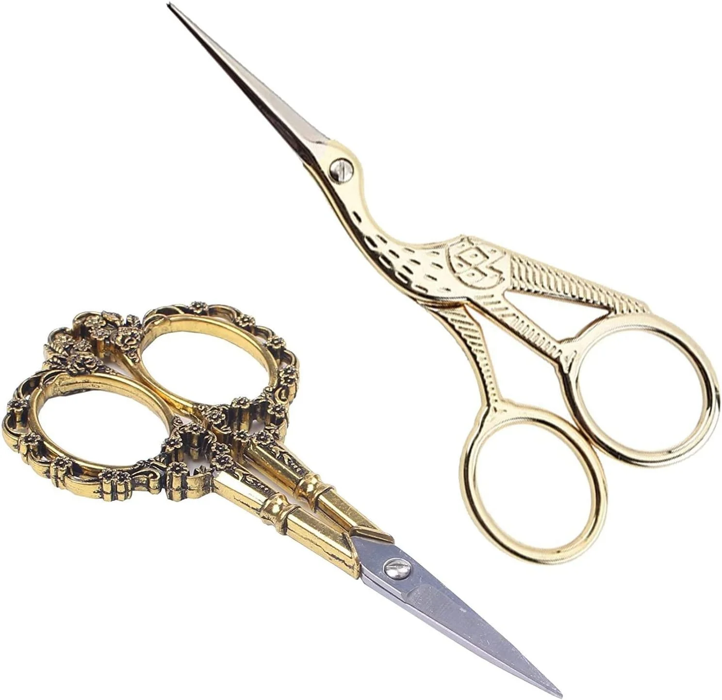 BIHRTC (2 جفت - مدل 11) - قیچی های شکوفه آلو طلایی قدیمی و قیچی خیاطی طرح درنای کلاسیک برای گلدوزی، خیاطی، کاردستی، کارهای هنری و استفاده روزمره