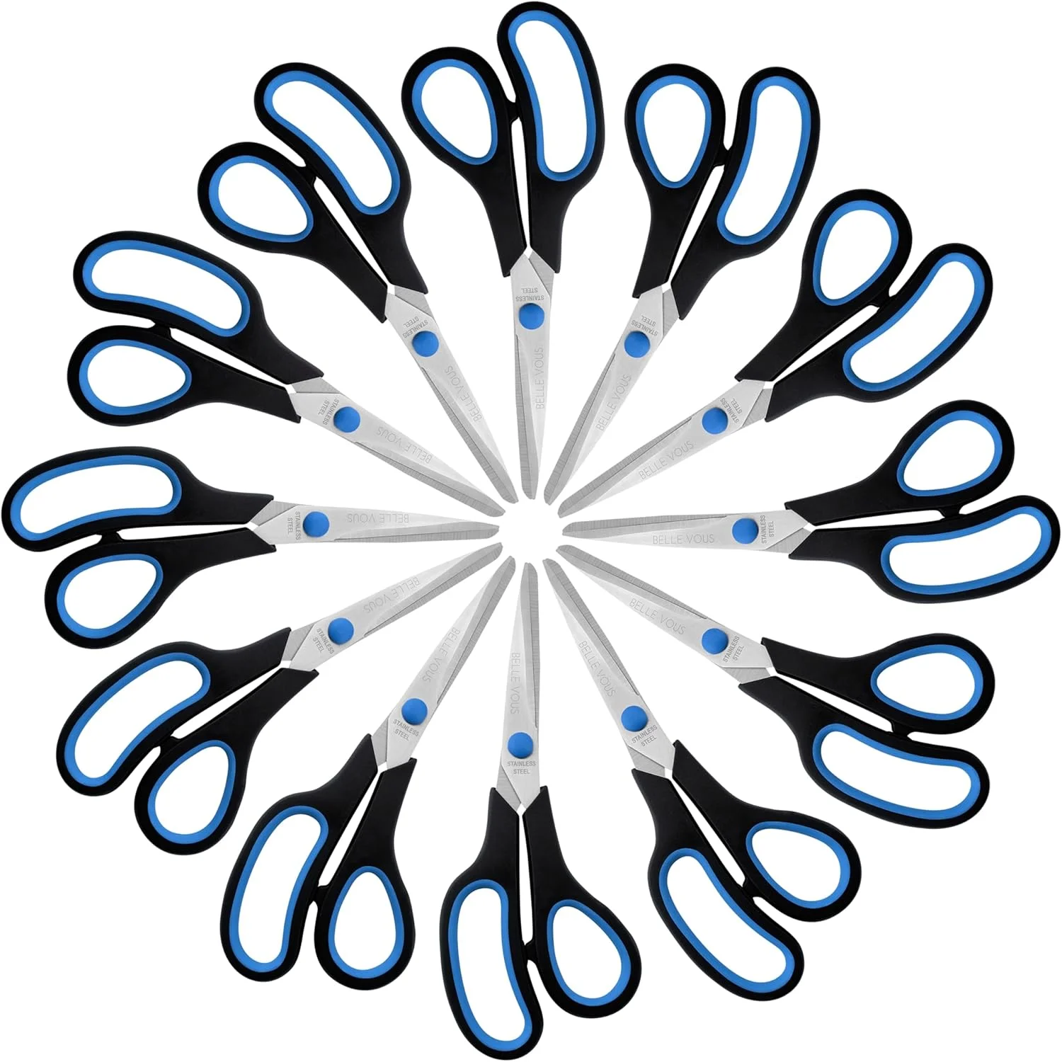 قیچی بزرگسال مشکی و آبی Belle Vous (بسته 12 عددی) - بسته چندتایی قیچی کاردستی/لوازم التحریر برای کاغذ کادو - تیغه های تیز و بادوام برای خانه/اداره