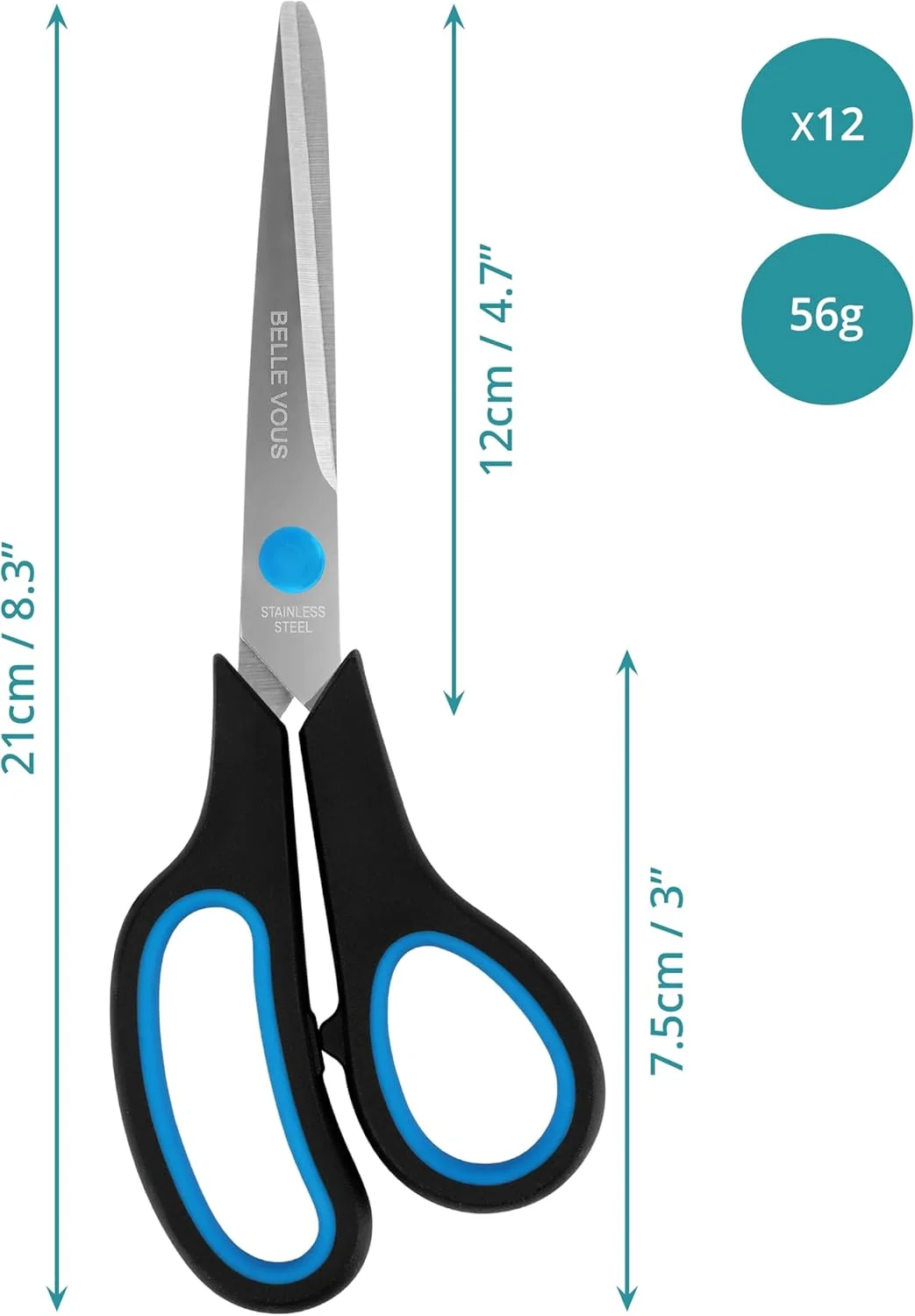 قیچی بزرگسال مشکی و آبی Belle Vous (بسته 12 عددی) - بسته چندتایی قیچی کاردستی/لوازم التحریر برای کاغذ کادو - تیغه های تیز و بادوام برای خانه/اداره