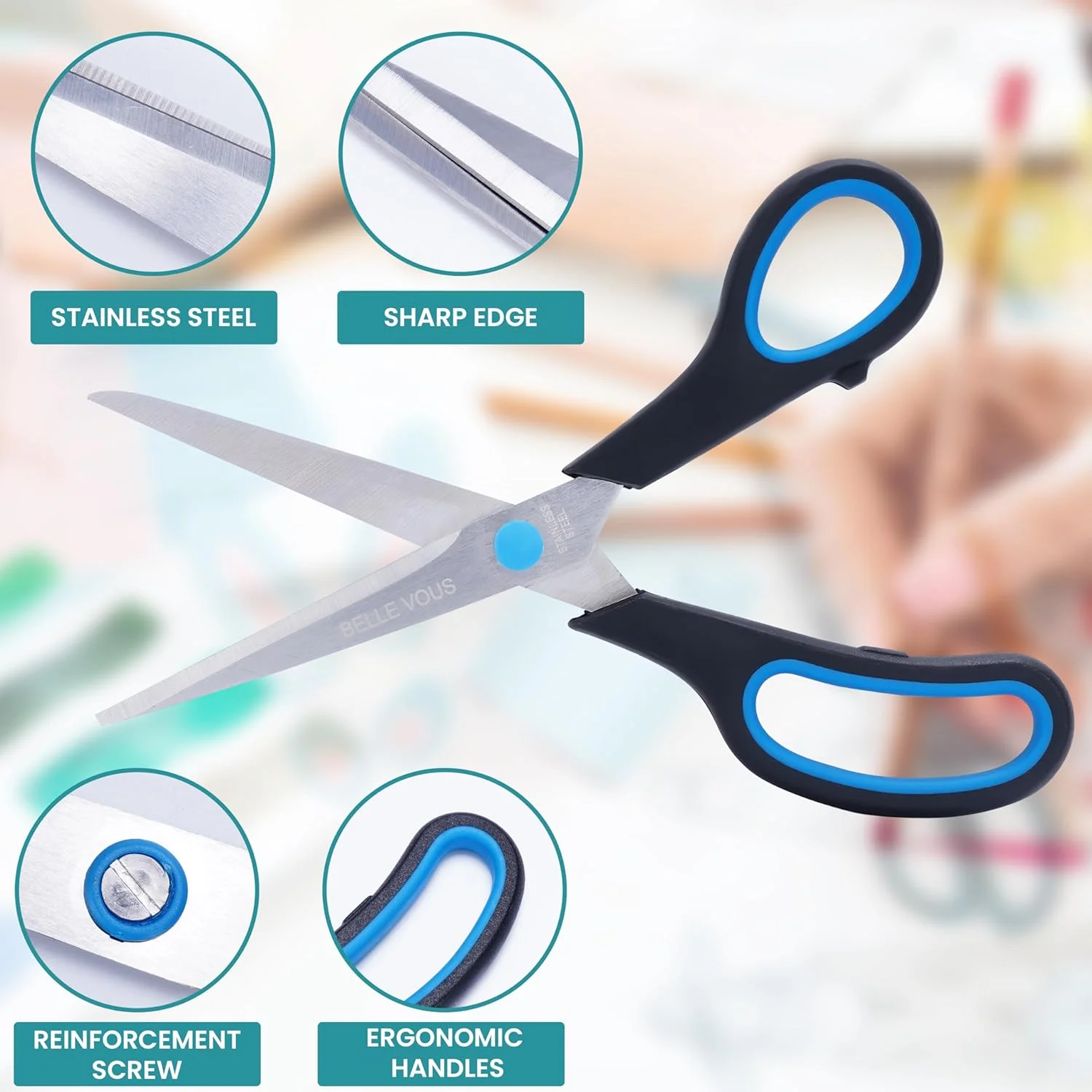 قیچی بزرگسال مشکی و آبی Belle Vous (بسته 12 عددی) - بسته چندتایی قیچی کاردستی/لوازم التحریر برای کاغذ کادو - تیغه های تیز و بادوام برای خانه/اداره