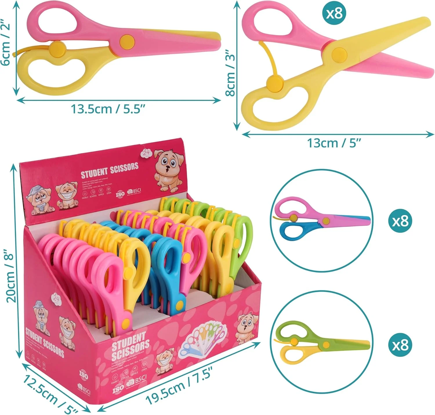 مجموعه قیچی کودکانه Belle Vous - 24 عدد قیچی رنگی کودکانه با نوک گرد - 13.5 سانتی متر - مناسب برای کاربران راست دست و چپ دست - قیچی کاردستی کودکانه - کاردستی، کار با کاغذ، هنر