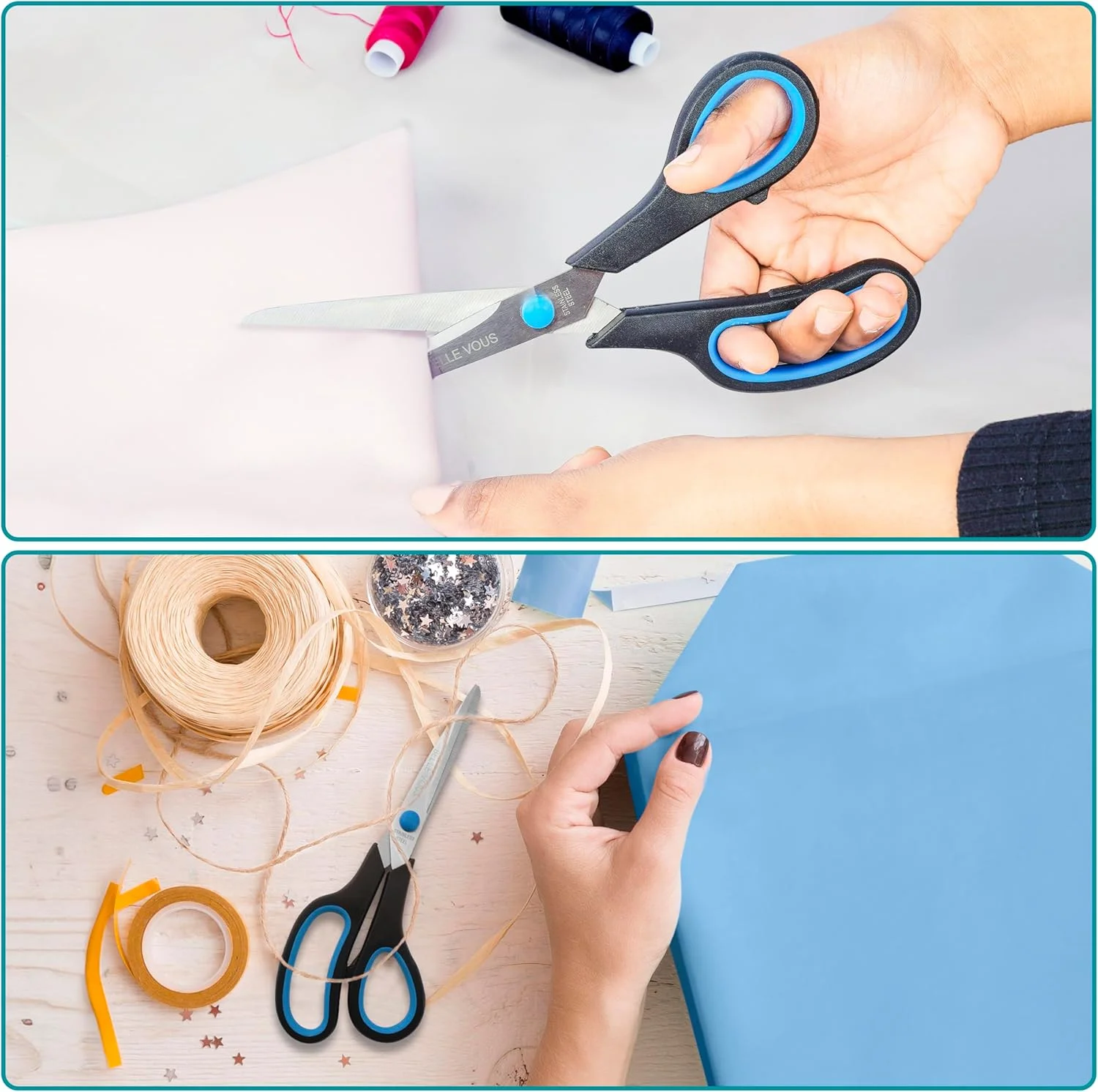 قیچی بزرگسال مشکی و آبی Belle Vous (بسته 12 عددی) - بسته چندتایی قیچی کاردستی/لوازم التحریر برای کاغذ کادو - تیغه های تیز و بادوام برای خانه/اداره