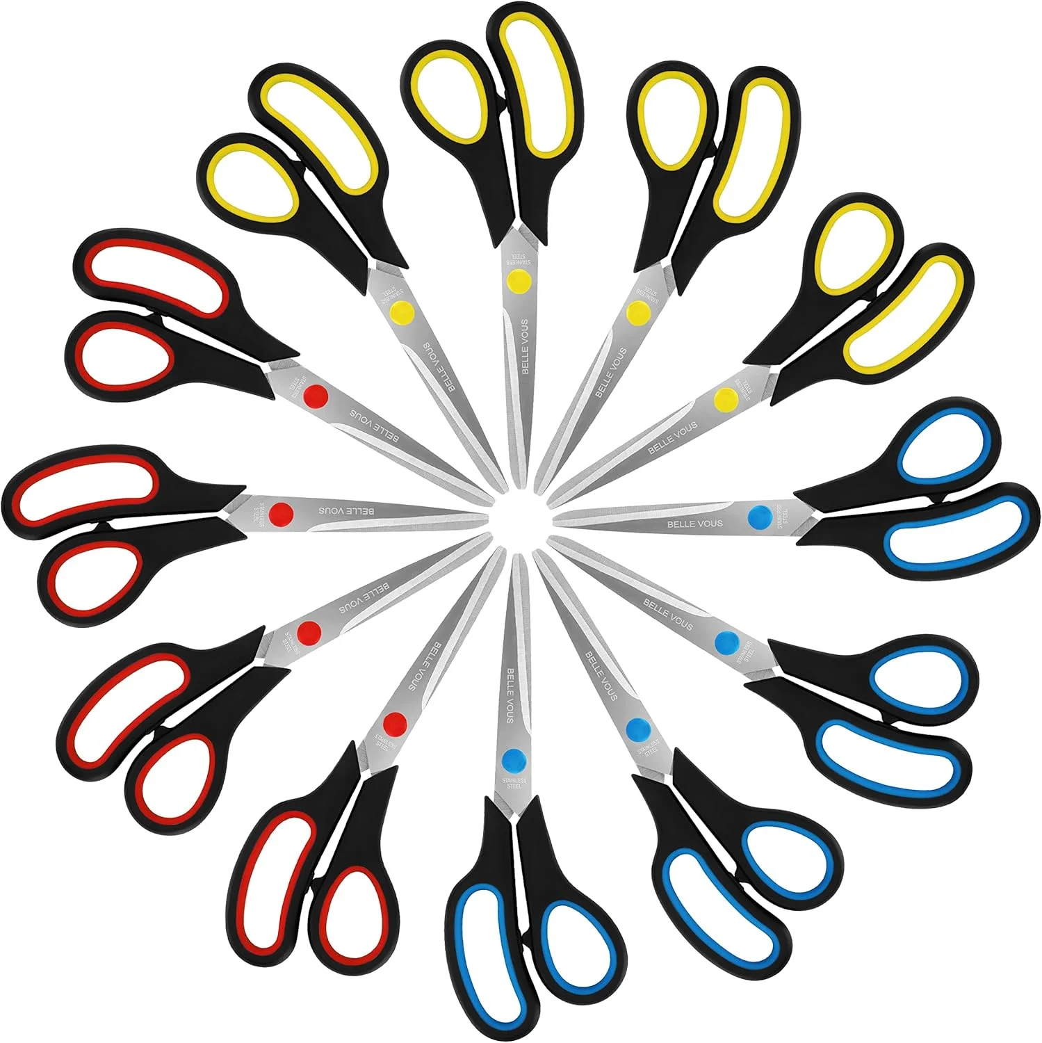 ست قیچی متنوع Belle Vous (بسته 12 عددی) - طول کلی 21 سانتی متر - قیچی های تیز با تیغه های فولادی ضد زنگ و دسته نرم و راحت - قیچی اداری و خانگی - قیچی های چند منظوره برای بزرگسالان