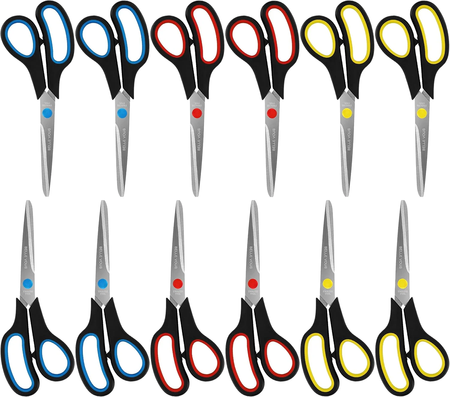 ست قیچی متنوع Belle Vous (بسته 12 عددی) - طول کلی 21 سانتی متر - قیچی های تیز با تیغه های فولادی ضد زنگ و دسته نرم و راحت - قیچی اداری و خانگی - قیچی های چند منظوره برای بزرگسالان