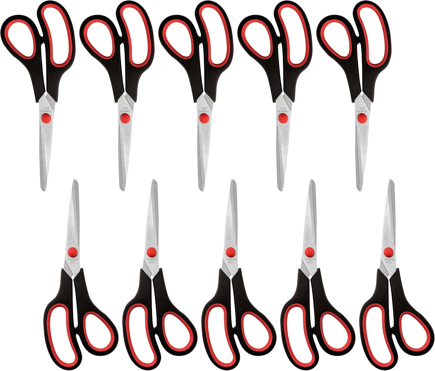 بسته چندتایی قیچی Belle Vous (بسته 10 عددی) - طول کلی 21 سانتی متر - تیغه های تیز از جنس استیل ضد زنگ - دسته های نرم و راحت - مناسب برای دفتر، مدرسه و خانه - قیچی های چند منظوره صنایع دستی