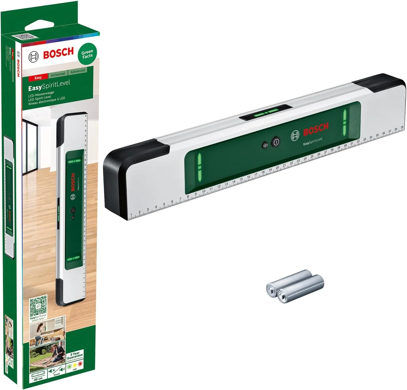 ترازوی دیجیتال بوش EasySpiritLevel (مفهوم LED بصری، کمک صوتی، نشانگر زاویه کوچک +/-3 درجه، دقت 0.1 درجه در 0، 90، 180 و 270 درجه، مقیاس چاپی، در جعبه مقوایی)