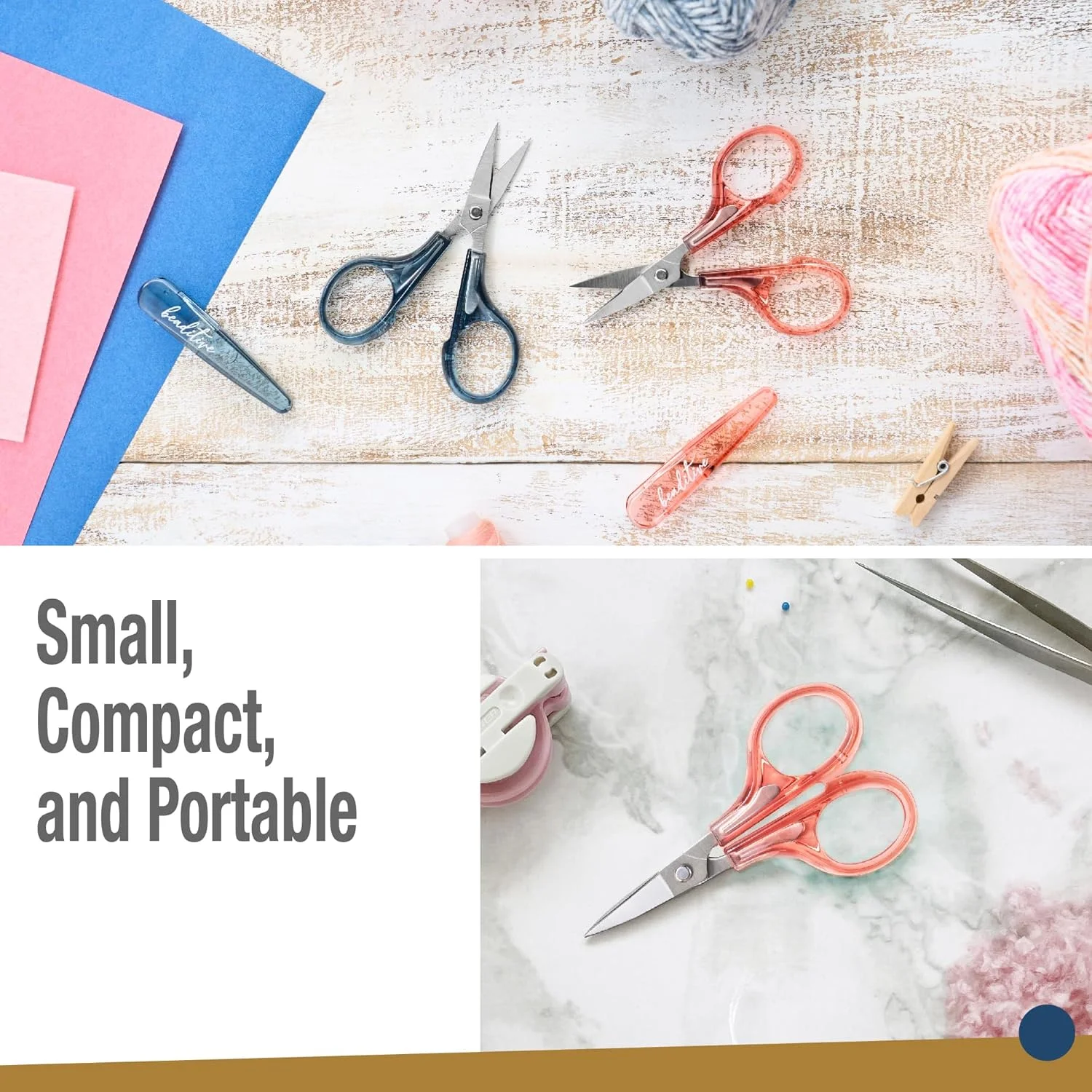 ست قیچی های ظریف کاری بیدیتیو (2 عدد) خمیده و صاف، تیز، جمع و جور، خیاطی، گلدوزی، برش کاغذ، کاردستی، استیل ضد زنگ، دارای محافظ (آبی)