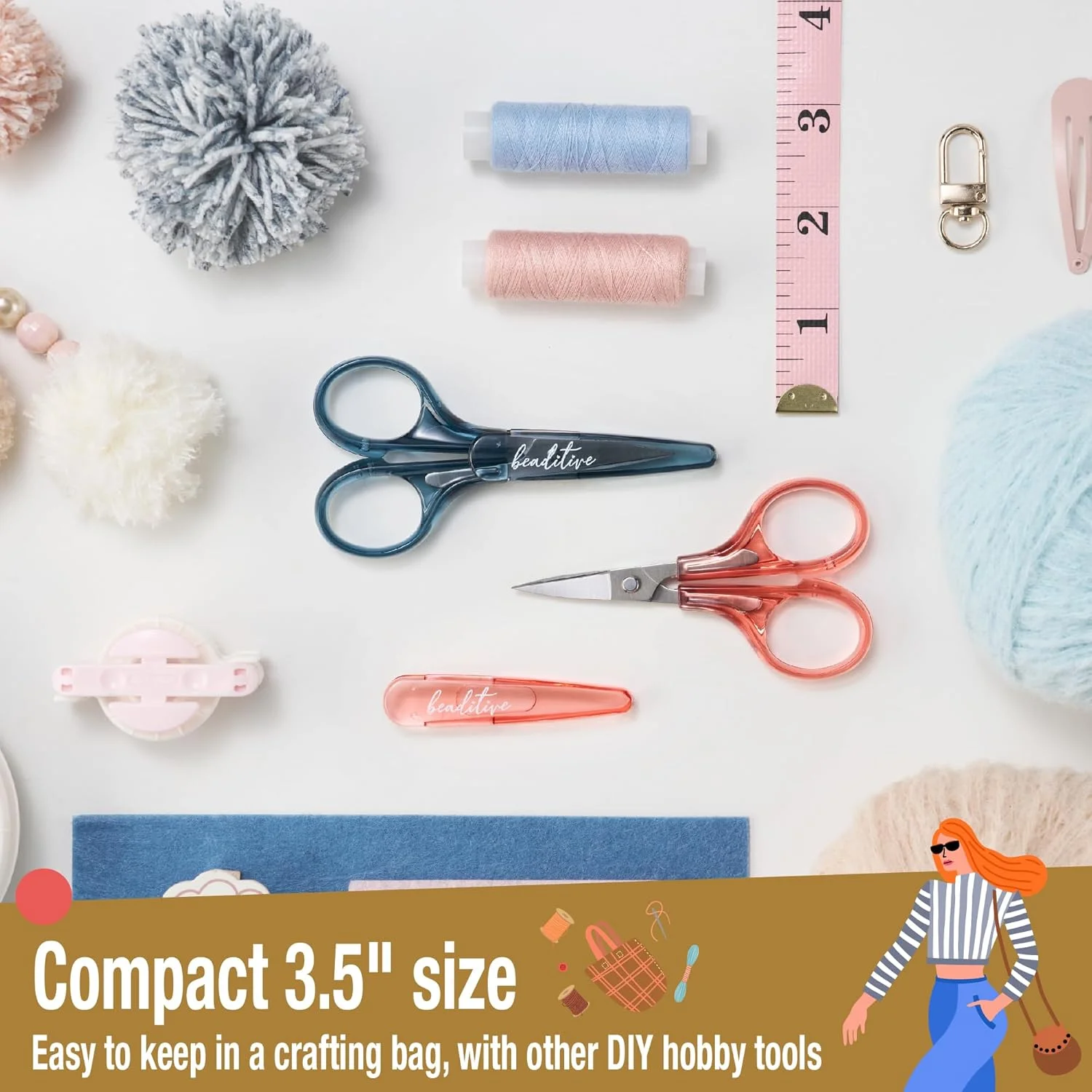 ست قیچی های ظریف کاری بیدیتیو (2 عدد) خمیده و صاف، تیز، جمع و جور، خیاطی، گلدوزی، برش کاغذ، کاردستی، استیل ضد زنگ، دارای محافظ (آبی)