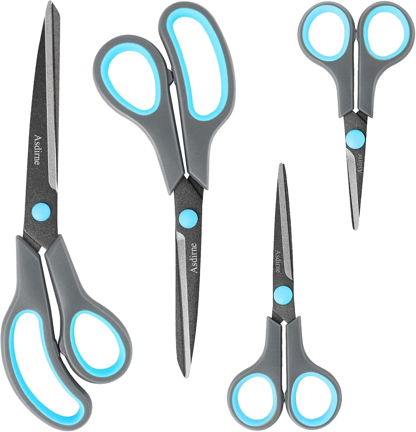 Asdirne Teflon Coating Scissors Set of 4, Non-Stick Scissors All Purpose, Premium Stainless Steel Razor Blades, Ergonomic Semi-Soft Rubber Grip, 10/''/8.5/''/6/''/5/'', Blue&Gray Asdirne Teflon Coating Scissors Set of 4, Non-Stick Scissors All Purpose, Premium Stainless Steel Razor Blades, Ergonomic Semi-Soft Rubber Grip, 10/''/8.5/''/6/''/5/'', Blue&Gray